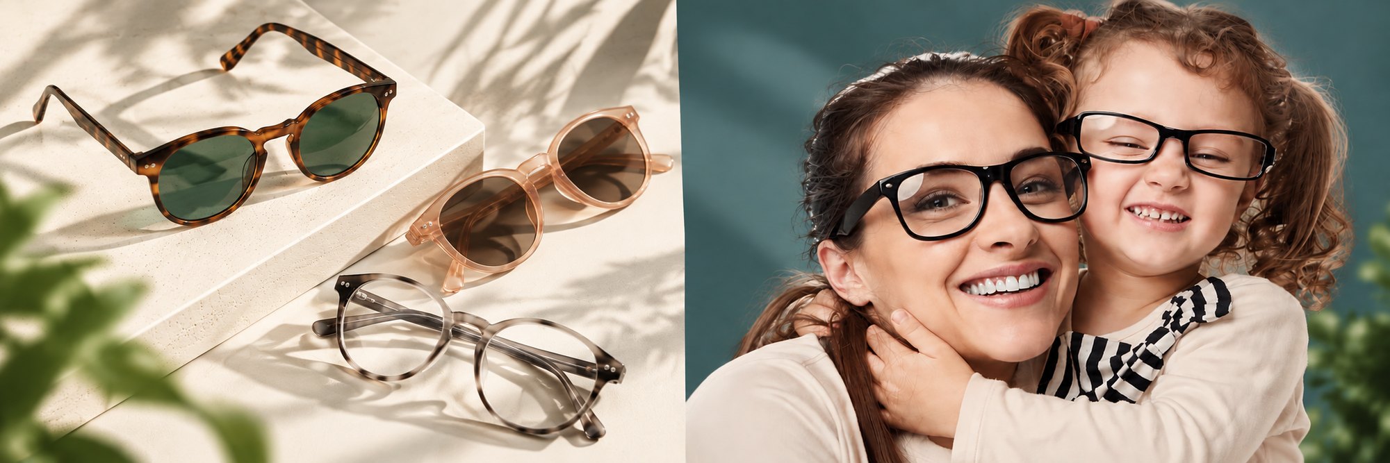 Designer eyewear on display beside a mother and daughter wearing glasses