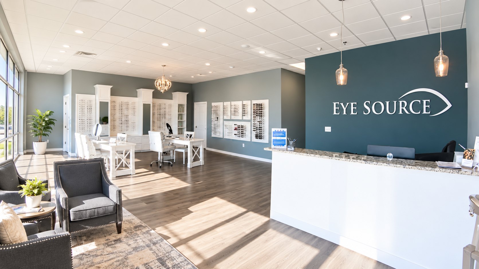 The Eye Source optical shop and reception desk in Frisco, TX