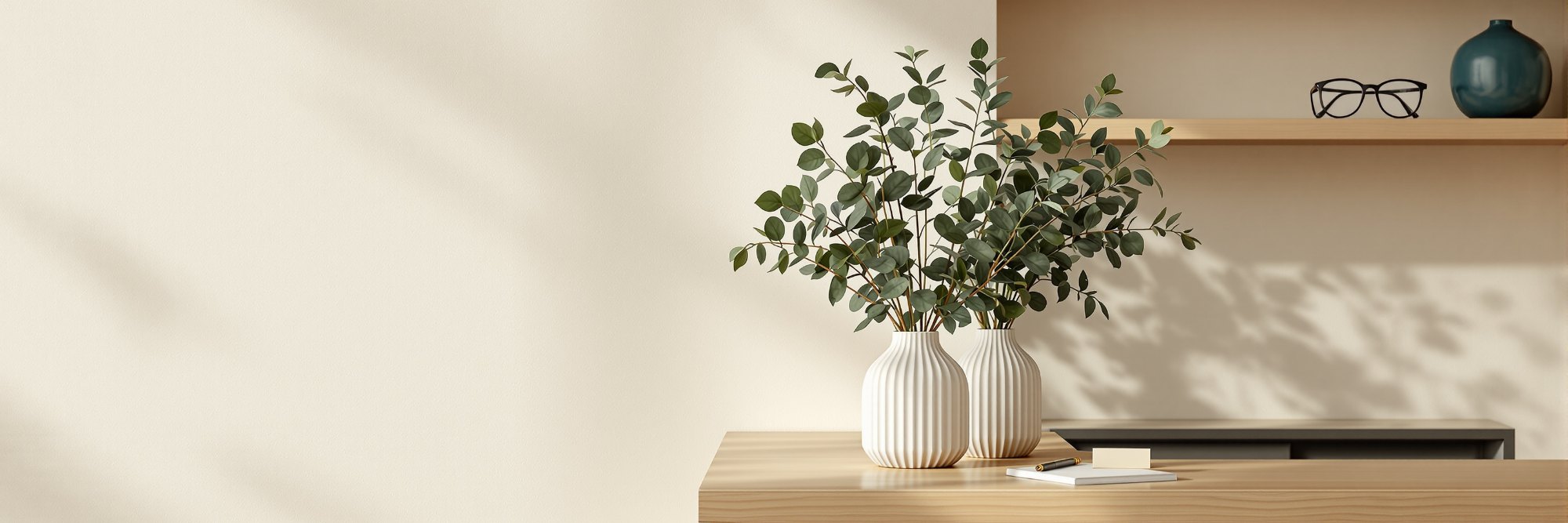 A reception counter with fresh eucalyptus, and eyeglasses on a shelf behind it
