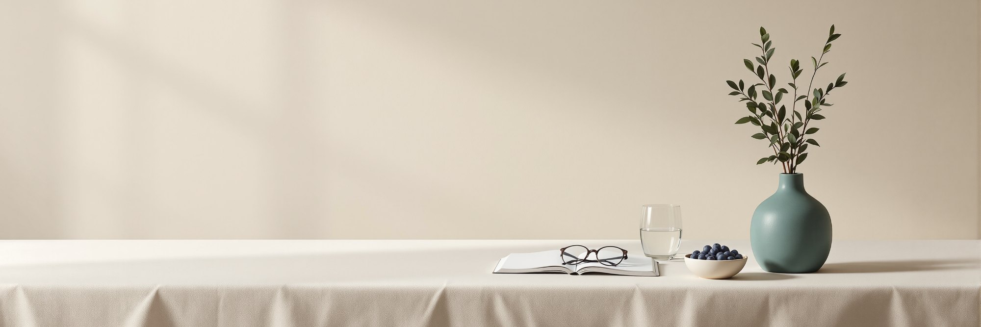 An open notebook and eyeglasses beside blueberries, a glass of water and a teal vase